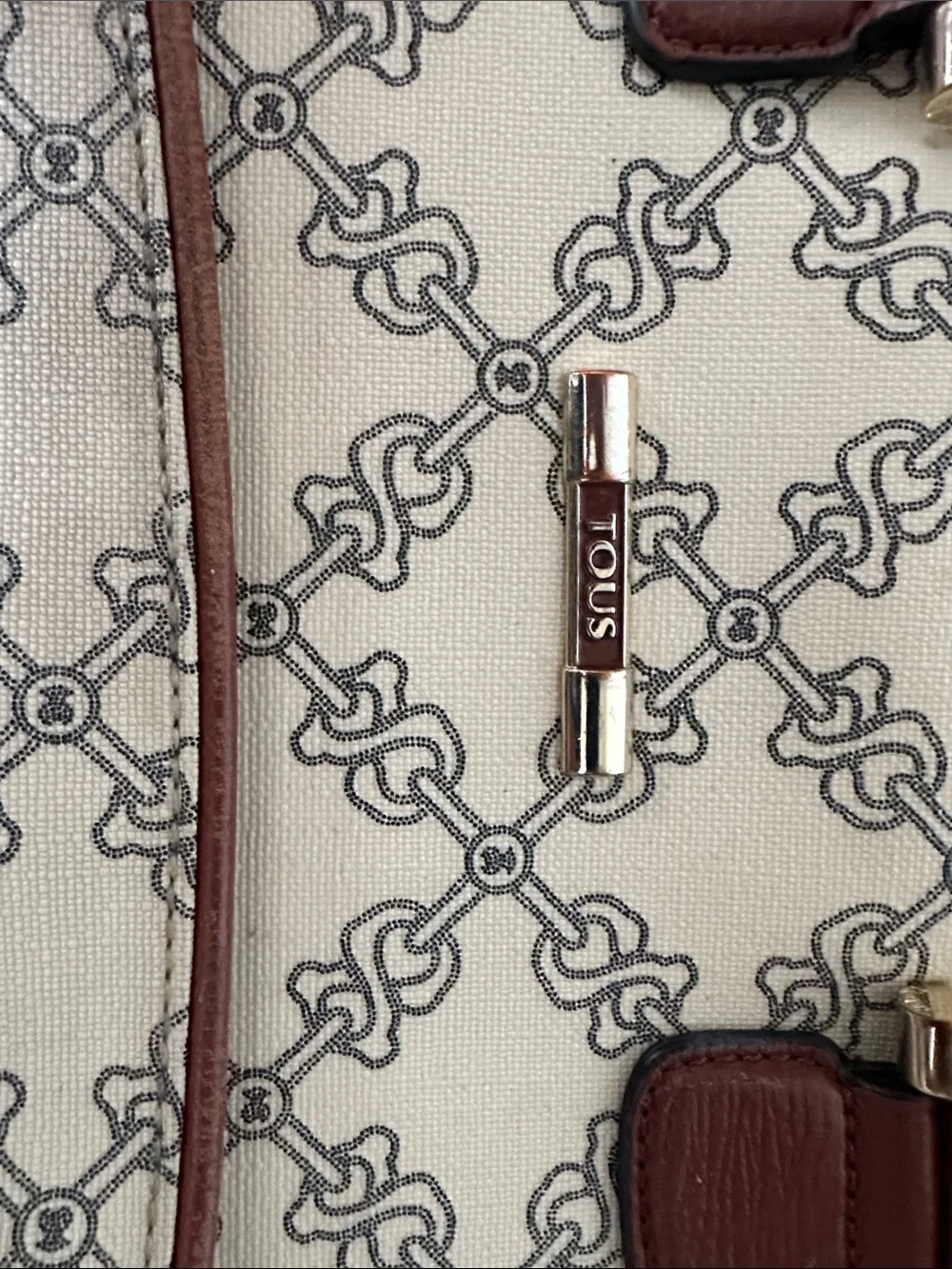 Tous Cream Laptop Bag with Brown Trim and Monogram Pattern
